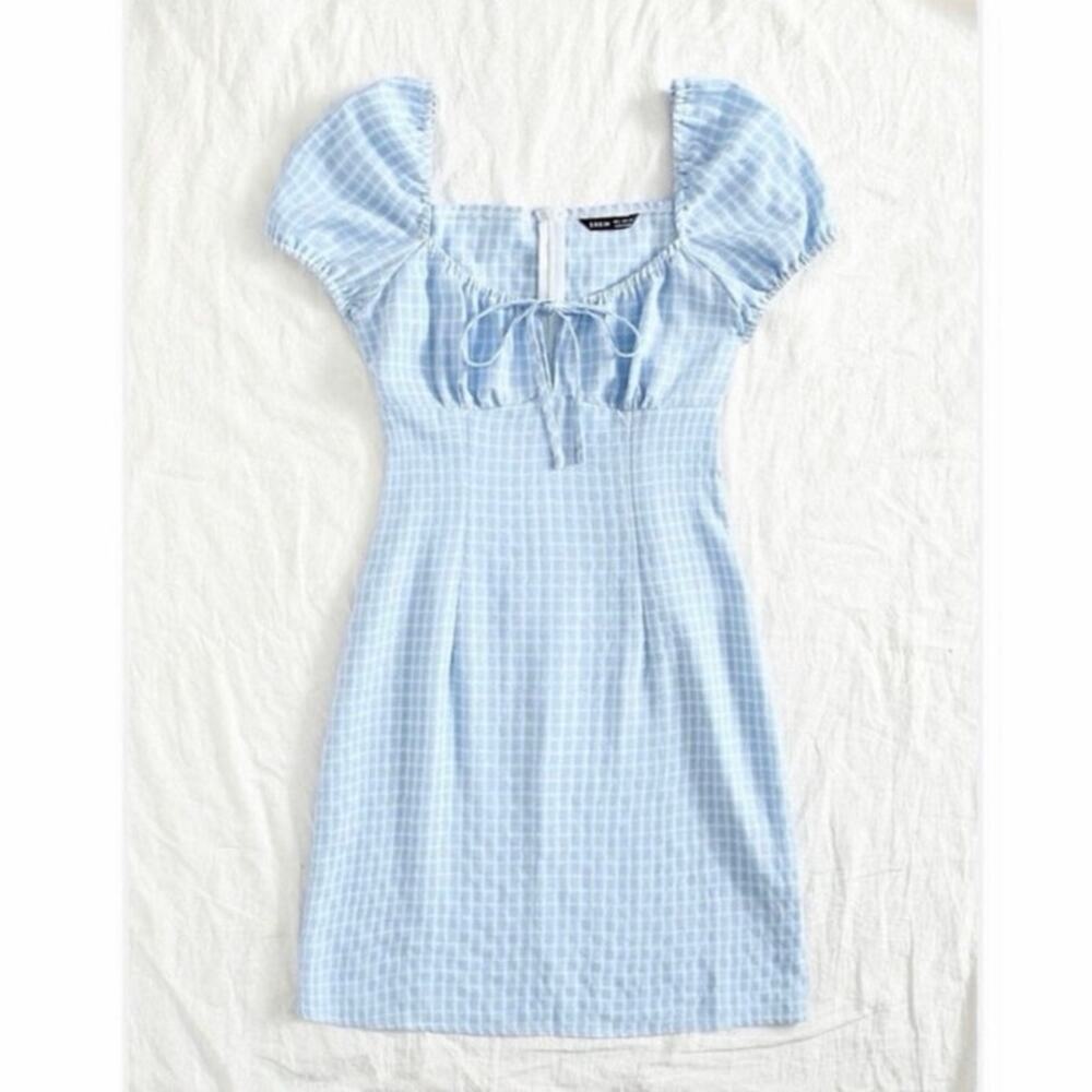 NWOT SHEIN Blue Gingham Puff Sleeve Mini Dress Tie Front Cottagecore Small